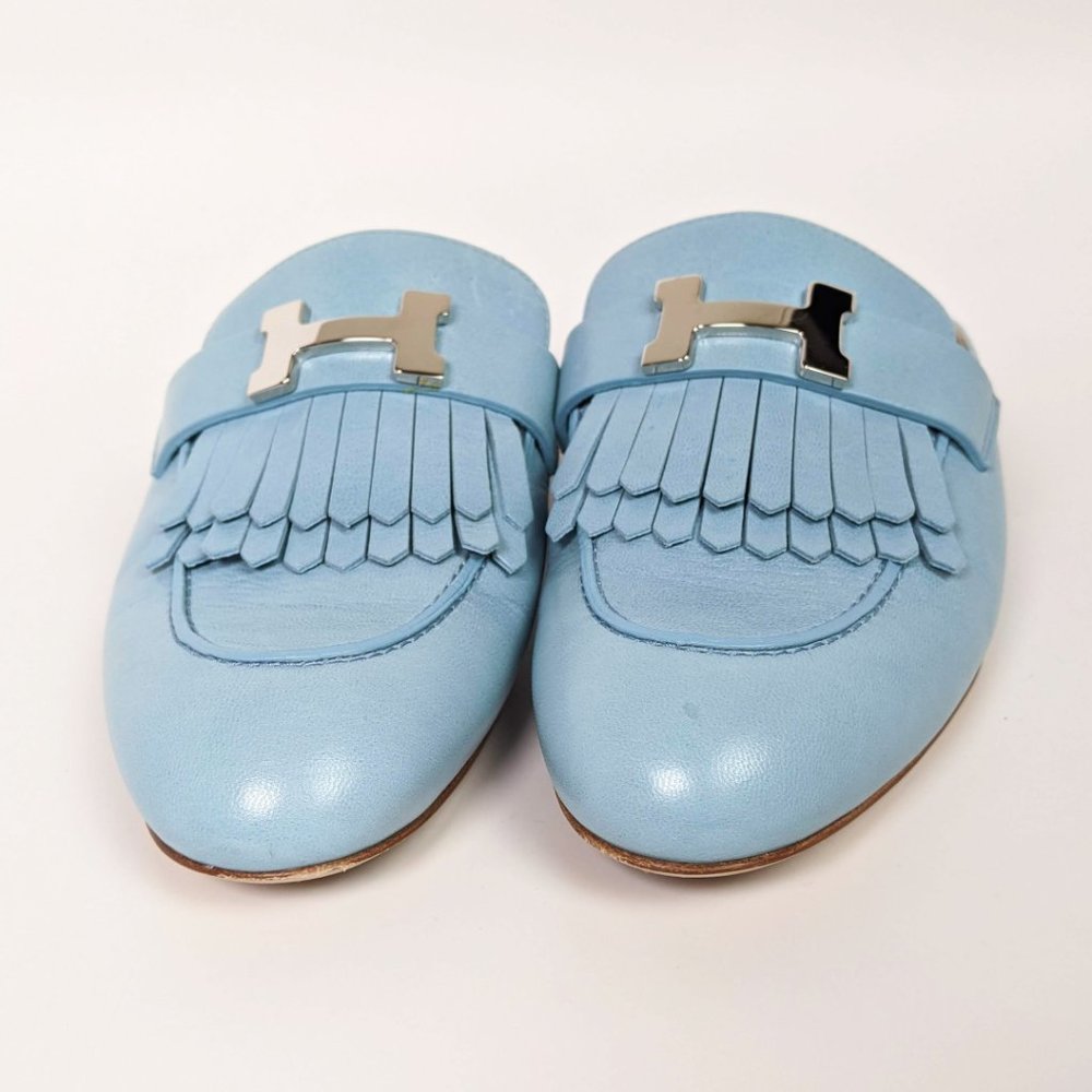 SOLD Hermes Rivoli Fringe Bleu Dorset Mule - Picture 2 of 7